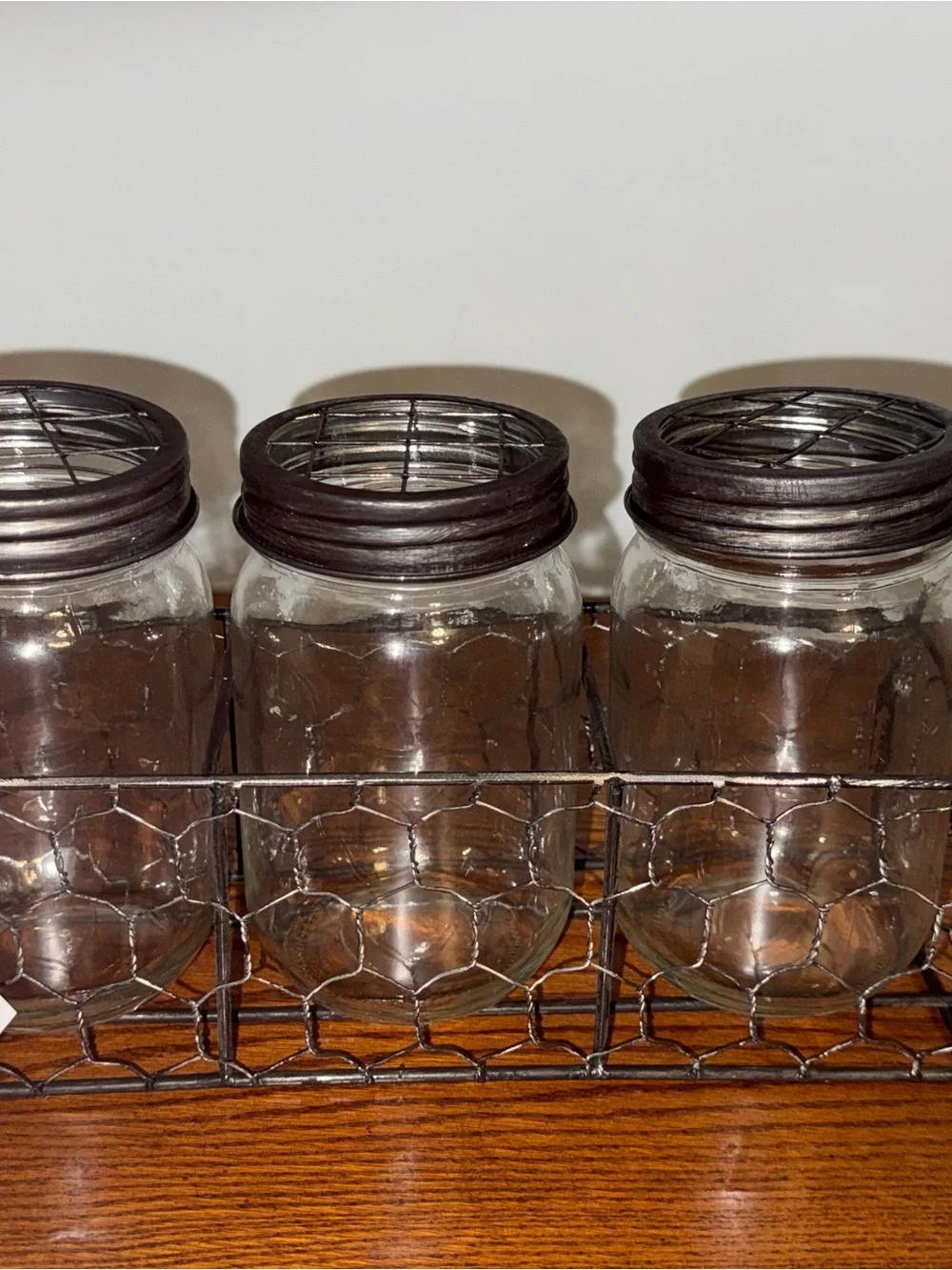 Ashland Clear Glass Mason Jar Trio with Dark Brown Lids and Wire Holder